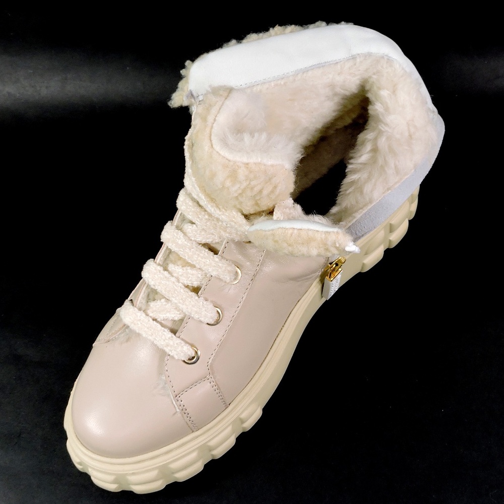 CASADEI 🇮🇹 WOMEN'S CREAM LEATHER COMFORT LAMB FUR WINTER FASHION FLAT BOOTIE - Picture 6 of 7